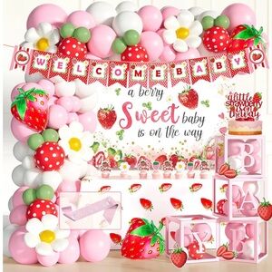 Strawberry Baby Shower Decorations Girl Backdrop, Balloon Tablecloth,Cake Topper